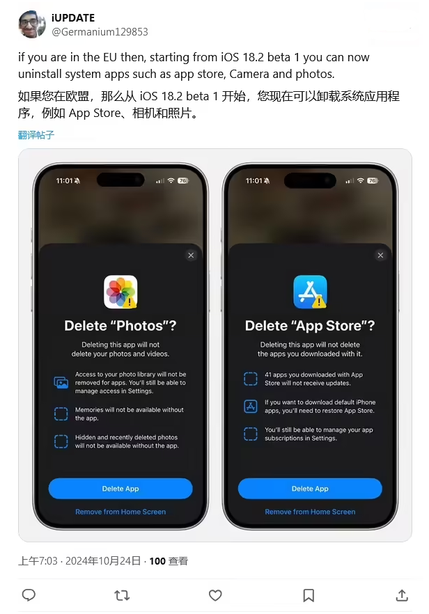 镇海苹果手机维修分享iOS 18.2 支持删除 App Store 应用商店 